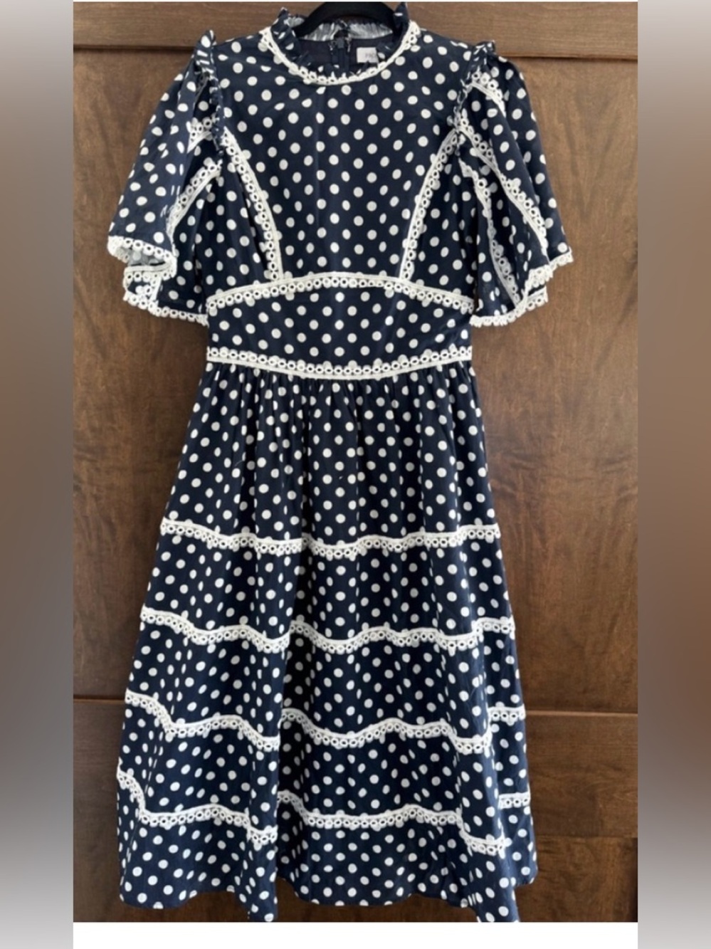 NWT PROSPERINA ANDROMEDA NAVY POLKA DOT COTTON MIDI DRESS WORK MOTHERS DAY XS - Picture 2 of 2